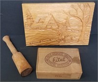 Wood Plaque, Wood Cigar Box & Wood Pestle