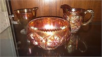Carnival glass bowl and 2 creamers