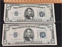 Pair of 1934 $5 Silver Certificates