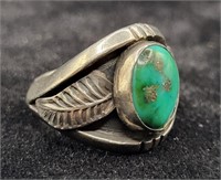 JH Silver & Green Stone Ring Size 10