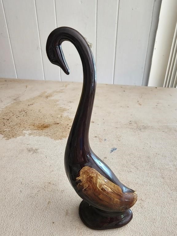 VINTAGE RED CLAY, BROWN GLAZE, SWAN FIGURINE 8"