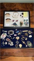 2 tray lots of costume jewelry pins & Hair combs