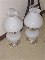 2 Vintage Hobnail Milk Glass Hurricane Lamps