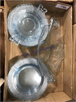 Blue etched dishes, assorted pieces