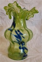 Green and blue Blown glass ruffled rim vase