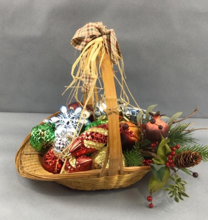 Basket filled with Christmas ornaments