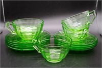 GREEN DEPRESSION GLASS 4 CUPS 8 SAUCERS