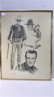John Wayne pencil print, 18 x 24, framed in gold