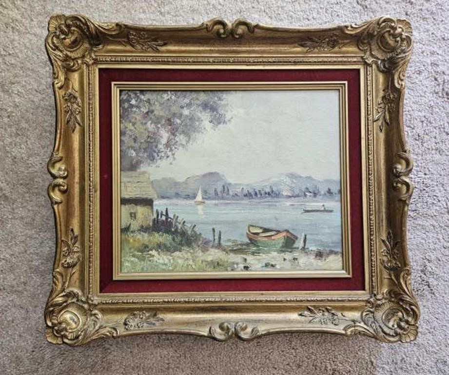 Framed Oil on canvas lake scene