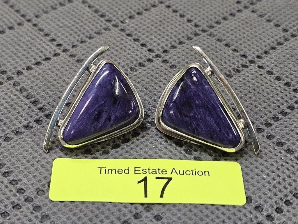 DESIGNER SIGNER "CINDY" SILVER AND CHAROITE EARRIN