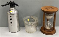 Seltzer Bottle; Glass Bucket, & Hourglass Lot