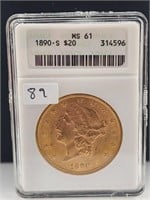 1890-S $20 Liberty Gold ANACS MS61