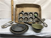 Group of early kitchen items pie pans, spoons,
