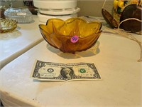 Vintage Amber Glass bowl with embossed leaf