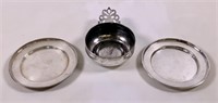 Sterling silver porringer, two 6" bread trays,