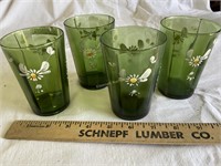 Hand painted green glass tumblers