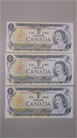 (3) 1973 Canadian $1 / One-dollar Bills