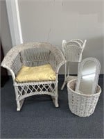 4 wicker pieces- white wicker rocking chair with
