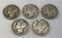 (5) Silver Mercury Dimes