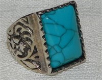 Men's Ring:  Silver Tone with Faux Turquoise