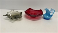 (3) Art glass pieces: Viking red candy dish,