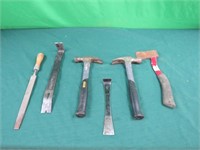 Tools-2 hammers, hatchet, 2 flat bars, 2 files
