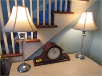 Pair of Glass & Metal Buffet Lamps & Mantel Clock