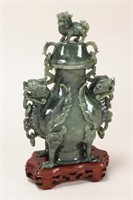 Chinese Carved Spinach Jade Vase and Cover,