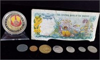 Bahamas $1 Bill & Various Coins/Tokens