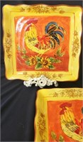 2 Orange Rooster Hand Painted Platters by Maxcera
