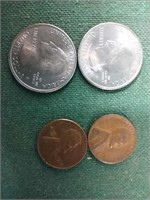 1956 and 1956 D wheat pennies and 2015(2) Blue