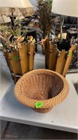 BASKET & 2 DECORATIVE WOOD VASES