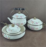 4pc. Vtg Tacolor Enamelware Floral Cookware