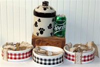 3 Fancy Dog Bowls & Dog Biscuit Jar