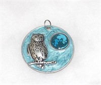 Large Blue Enameled Owl & Moon Pendant