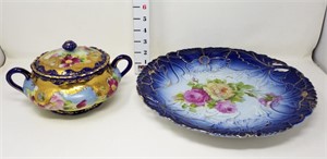 Unmarked Cracker Jar & German Floral Plate