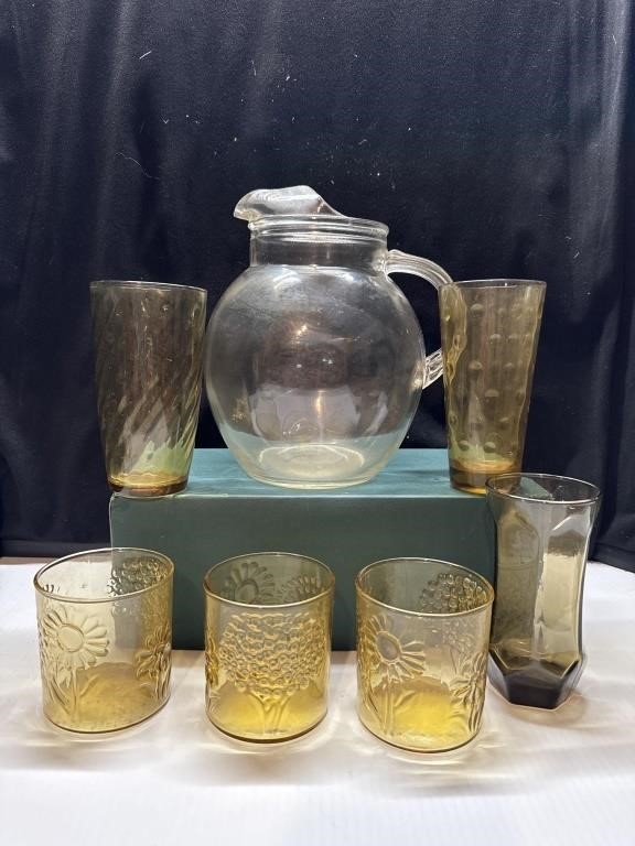 Amber Glasses with Clear Gallon Pitcher