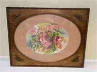 Large floral watercolor in gold painted wood frame