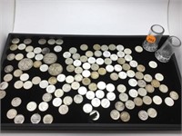 TRAY OF SILVER COINS - 3 WALKING LIBERTY HALVES &