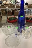 Blue Wine Bottle, Footed Dish, Assorted Glass