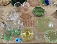 Lot of Depression Glassware, Pink, Green Yellow, C