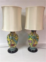 Pair  Famille Rose Lamps w/Shades 36" T 2 X Money