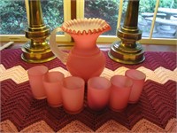 Vintage Pink Sea Glass  Pitcher & Set of 6 Glasses