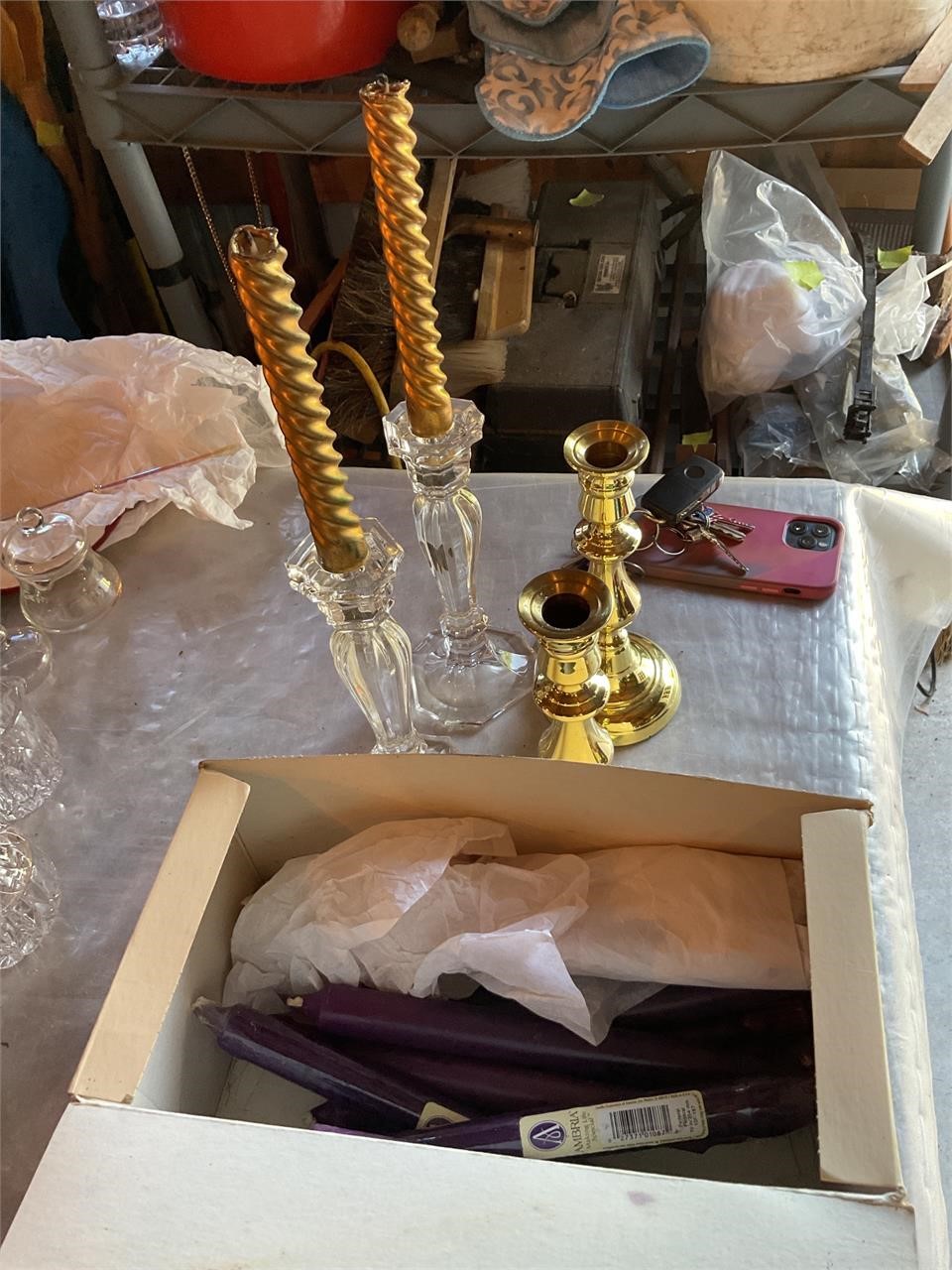 Candle holders and box of candles