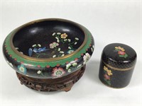 VTG Black Cloisonne Floral Bowl & Jar