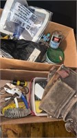 Tool bag belt, nails, handheld tools, paint, fill