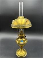 BRASS OIL LAMP WITH JEWELED SHADE