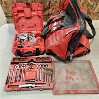 Hole saws, tap & die set, tool bag