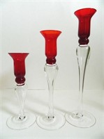 VINTAGE 3 CRYSTAL CANDLE HOLDERS RUBY RED-CLEAR