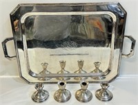 4STERLING CANDLE STICKS & LRG SILVER PLATE TRAY